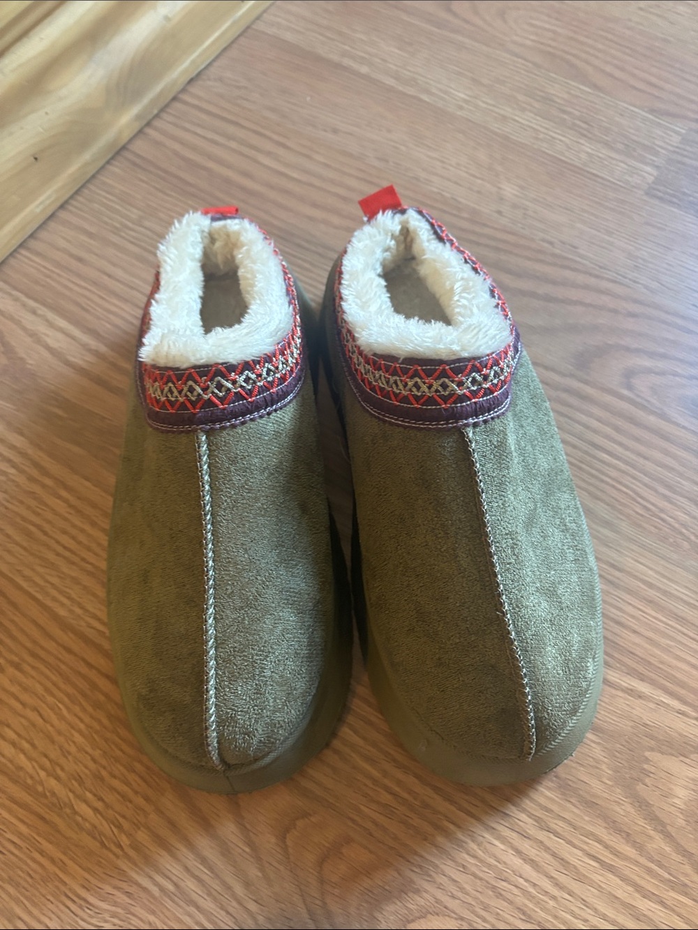 & Other Stories Olive Green Suede-Look Slip-On Slippers with Red Trim